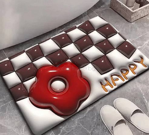3D абсорбираща подложка за баня DryWave Mat с червен цвят и текст "HAPPY" - елегантен и практичен аксесоар за баня