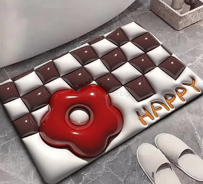 3D абсорбираща подложка за баня DryWave Mat с червен цвят и текст "HAPPY" - елегантен и практичен аксесоар за баня