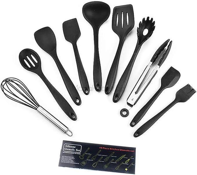 Комплект кухненски инструменти от 10 части, удобни, безопасни, черни силиконови пособия за готвене на ниски цени.