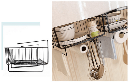 Практична поставка Shelf Saver за шкафове, организиране на кухненски аксесоари, пестене на място, устойчива метална конструкция.