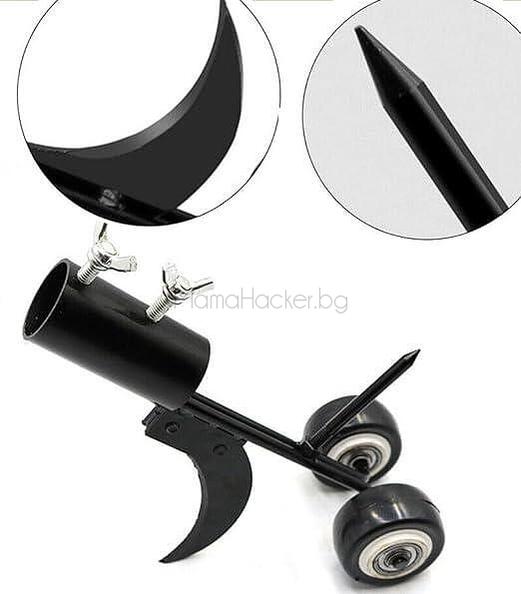 GardenGroomer 2 в 1 инструмент за премахване на плевели с удобна ръкохватка и колела за лесно използване в градината.