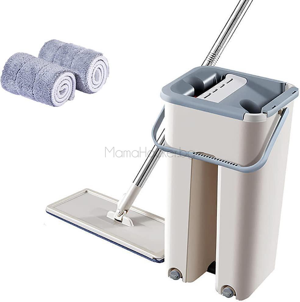 Компактен ScratchCleaning Mop с кофа за почистване и резервни кърпи. Идеален за лесно чистене на под и икономия на пространство.