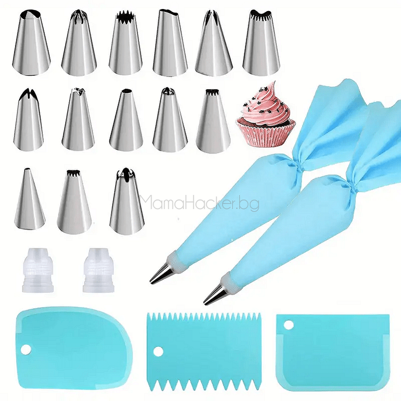 Комплект за декорация на торти CreamCraft с 21 части - найлонови пошове, различни накрайници и инструменти за печене.