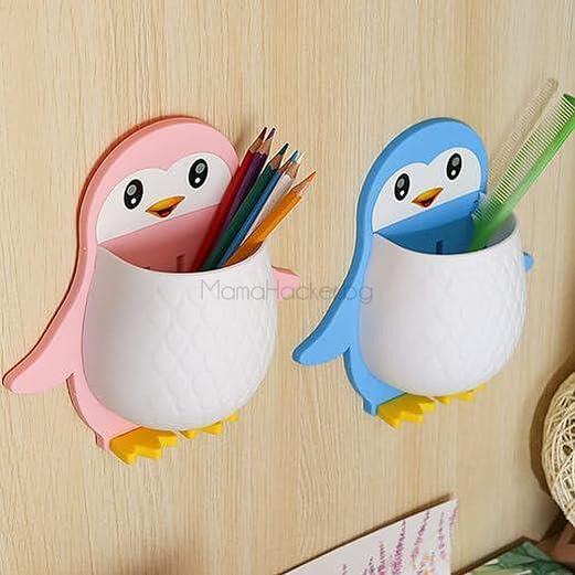 Креативна самозалепваща кутия PenguinPocket за съхранение на офис пособия в розово и синьо. Организация на дома с удобни аксесоари.