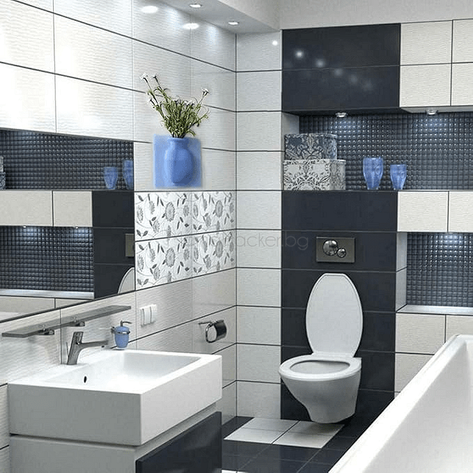 Луксозна баня с модерни плочки, лепкава ваза StickyVase, елегантен интериор, аксесоари за баня, стилно пространство.