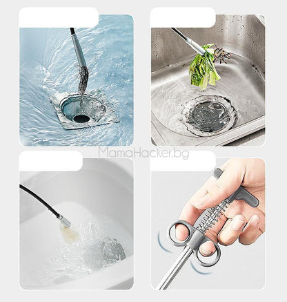Метална кука DrainCleaner в действие за отпушване на канали и мивки, бързо решение за запушвания, кухненски аксесоари на ниски цени.
