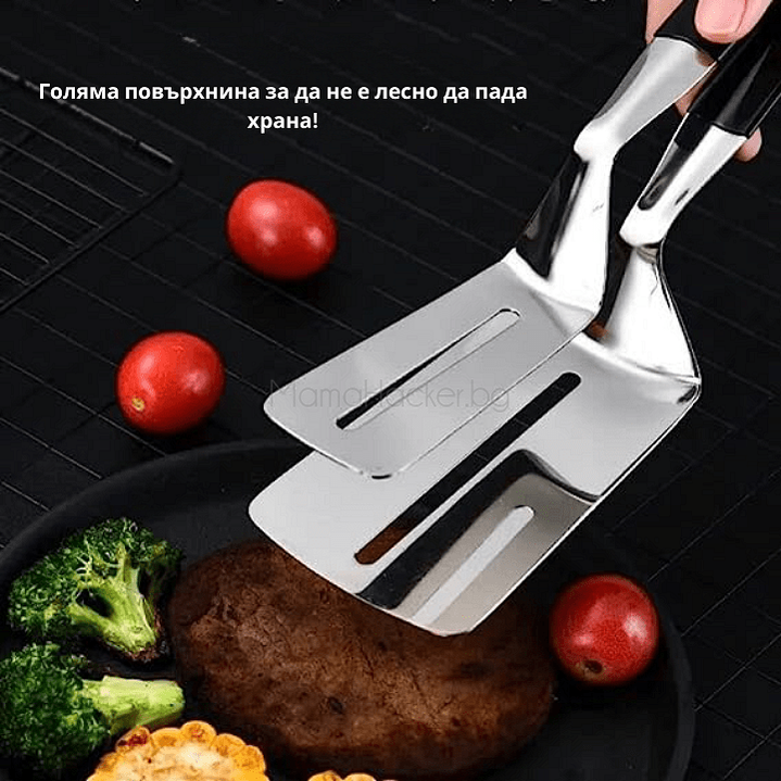 Многофункционални Steel Grip щипки за грил с голяма повърхност, идеални за готвене на всякакви храни. Ниски цени, кухненски аксесоари.