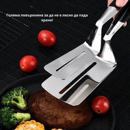 Многофункционални Steel Grip щипки за грил с голяма повърхност, идеални за готвене на всякакви храни. Ниски цени, кухненски аксесоари.