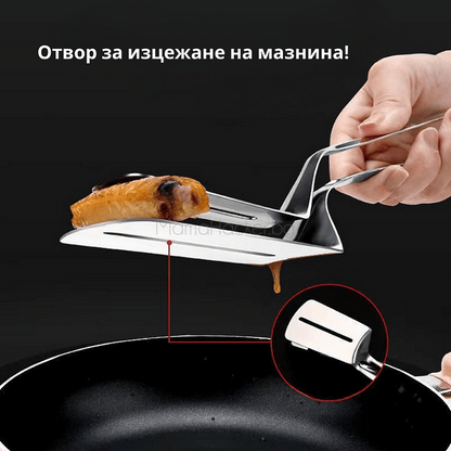 Многофункционални Steel Grip щипки за грил с отвор за изтичане на мазнина, безопасни и удобни кухненски аксесоари.