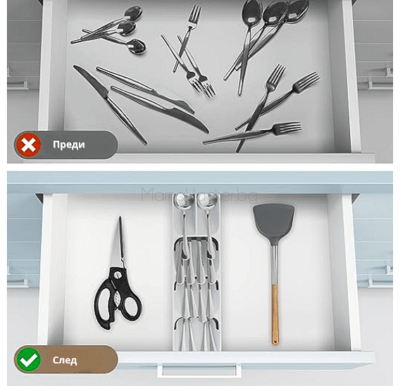 Организация на кухненски прибори преди и след с UtensilOrganiser - алтернатива за спестяване на пространство и бърз достъп | Поръчай от MamaHacker.bg