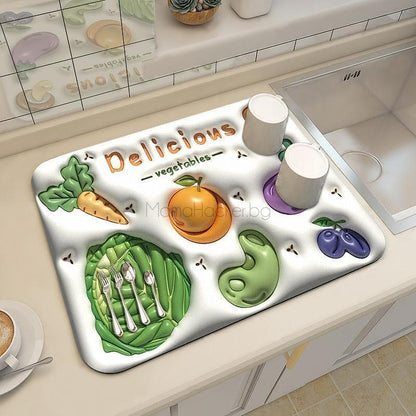 Подложка SinkMat за кухня с цветни зеленчуци, перфектна за съхранение и подсушаване на съдове | Поръчай от MamaHacker.bg.