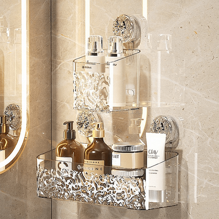 Рафт за баня Suction Shelf с помощници за организация, канистри за козметика, иновативни аксесоари, без инструменти, стилен дизайн | Поръчай от MamaHacker.bg