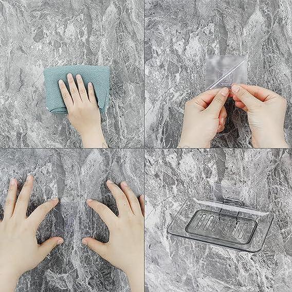 Демонстрация на премахване на сапун от повърхност с помощта на сапунерка SoapSlot Saver за организиране на банята и удобство.