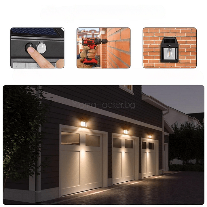 Соларна лампа WallBlaze, инсталация, енергоспестяващо осветление, LED технологии, външно осветление