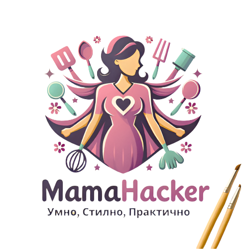 Лого на MamaHacker.bg с кухня и домакински аксесоари, символизиращи практични решения за дома